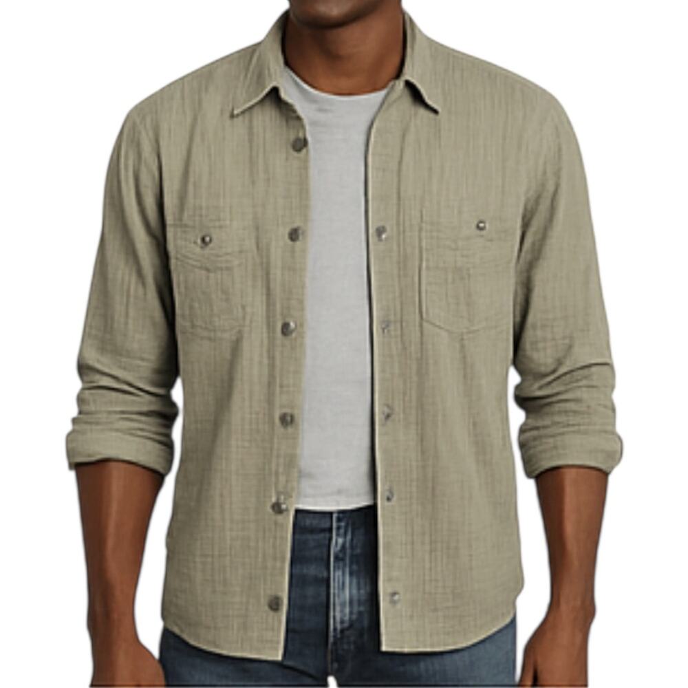 Carbon2Cobalt Gauze Button Down Shirt Camp Long Sleeve Chest Pocket Khaki XL